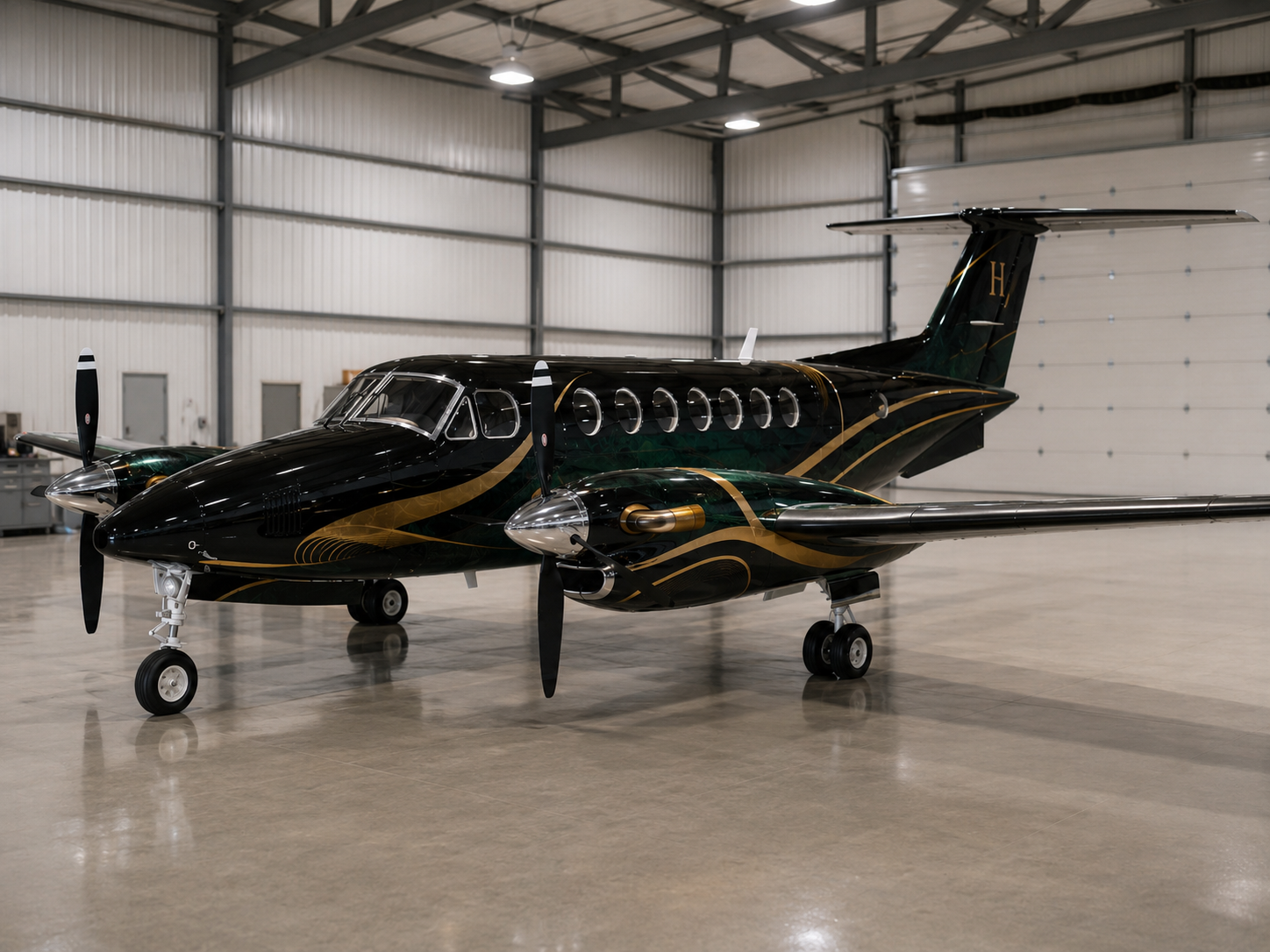 King Air twin turboprop with custom black, green and gold vinyl livery — LUX Skin Mexico