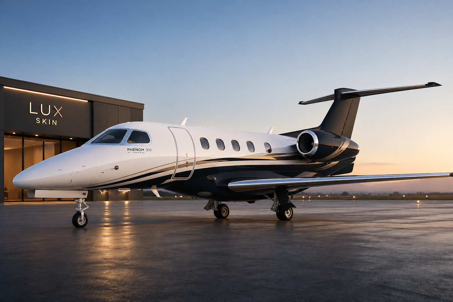 Embraer Phenom 300 private jet with custom vinyl finish outside the LUX Skin hangar at sunset