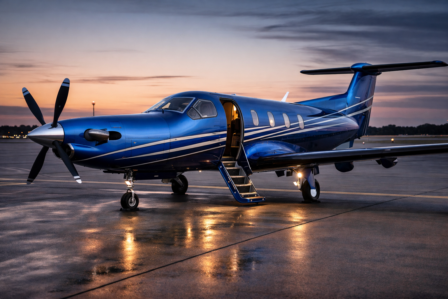 Pilatus PC-12 with custom blue vinyl wrap on the tarmac at sunset — LUX Skin Mexico